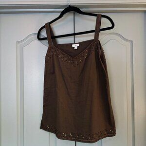 J.Jill Brown Embellished Tank Top Beaded Linen Blend Boho Festival Layer Large
